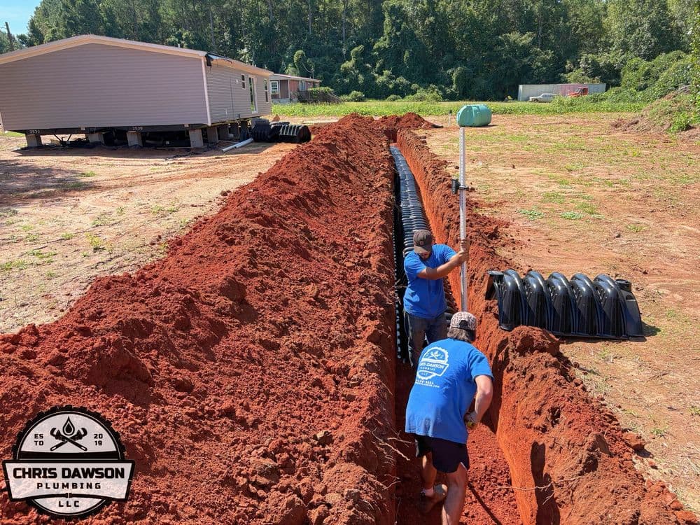 Plumbers installing drainage pipes in a trench on a construction site with a house in the background.